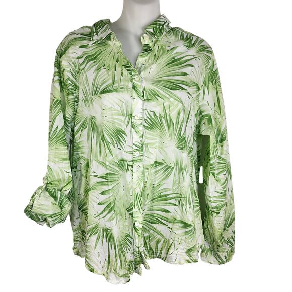 Statements Womens Shirt Size 14 Button Long Roll Tab Sleeve Palm Leaves Topical - Picture 1 of 8